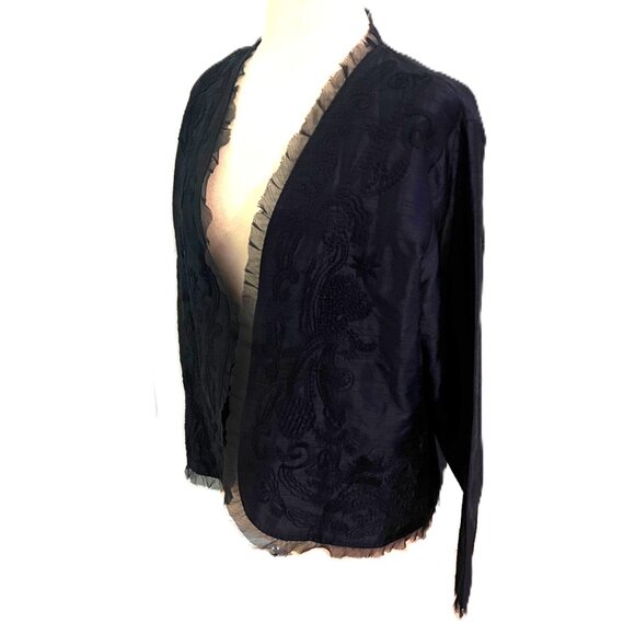Chico's Women's Silk Open Front Blazer Jacket Size 2 12/14 Navy Embroidered - Picture 4 of 8